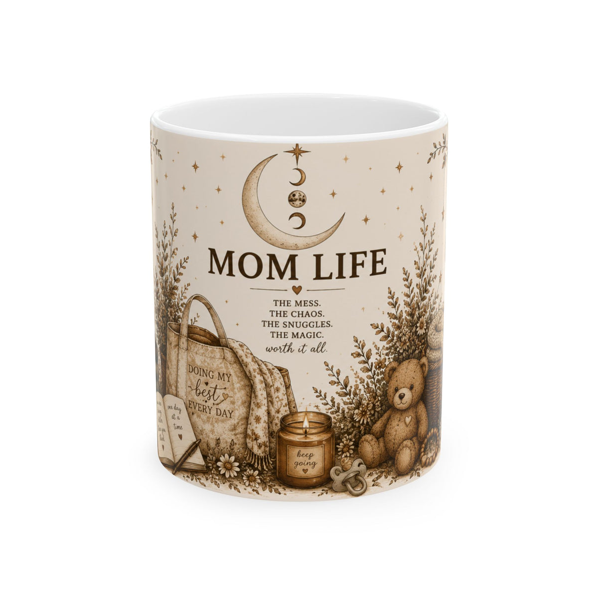 Mom Life Ceramic Mug — Cozy Boho Mommy Gift with Teddy, Candle & "Mom Life" Quote (11oz/15oz)
