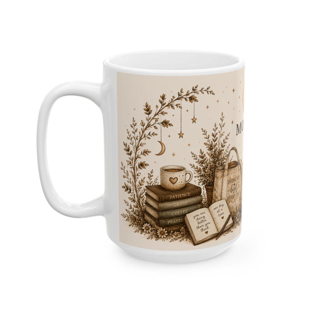 Mom Life Ceramic Mug — Cozy Boho Mommy Gift with Teddy, Candle & "Mom Life" Quote (11oz/15oz)
