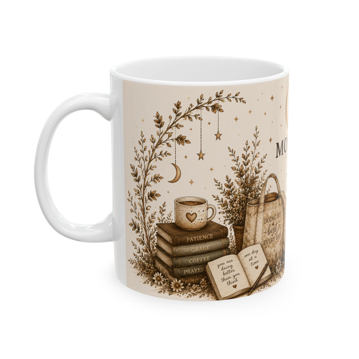 Mom Life Ceramic Mug — Cozy Boho Mommy Gift with Teddy, Candle & "Mom Life" Quote (11oz/15oz)