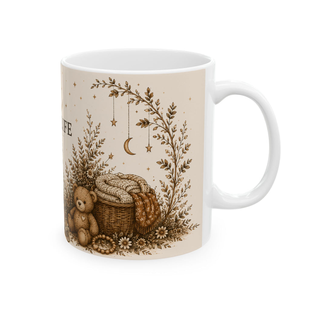 Mom Life Ceramic Mug — Cozy Boho Mommy Gift with Teddy, Candle & "Mom Life" Quote (11oz/15oz)
