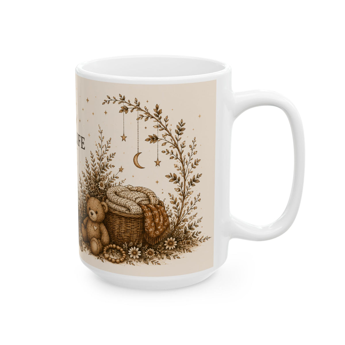 Mom Life Ceramic Mug — Cozy Boho Mommy Gift with Teddy, Candle & "Mom Life" Quote (11oz/15oz)