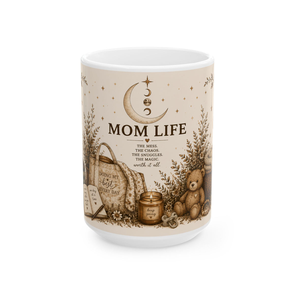 Mom Life Ceramic Mug — Cozy Boho Mommy Gift with Teddy, Candle & "Mom Life" Quote (11oz/15oz)